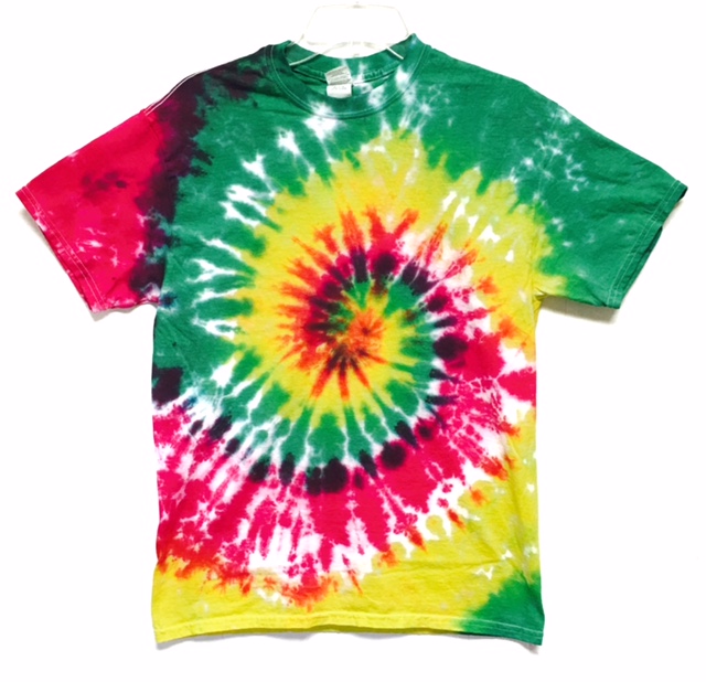 red yellow green tie dye shirt