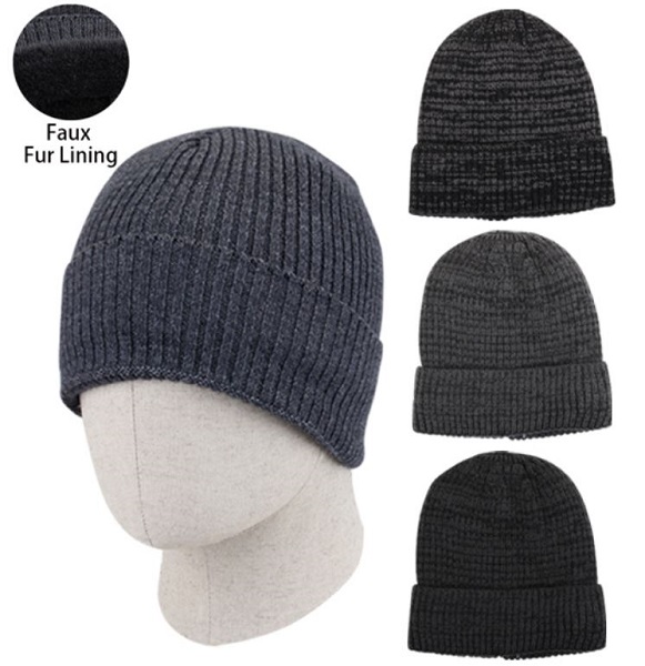 #9H-10057 'Thermaxxx' Men's Winter Knit HAT w/ Fur Lining - $3.00 each(24 pcs)
